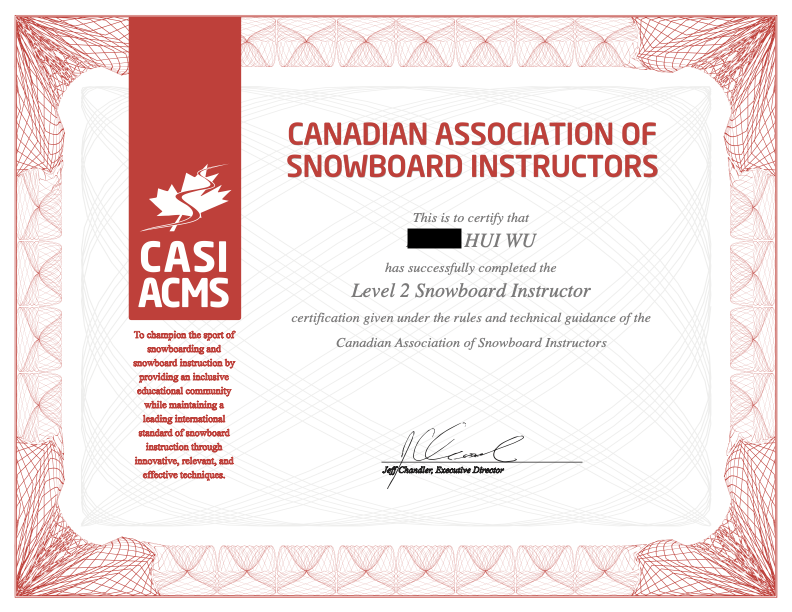 Keng CASI Level 2 Snowboard Instructor certificate